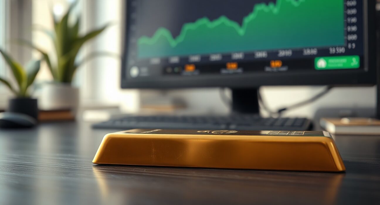Gold bar with financial chart showing upward trend in background, representing market rally amid geopolitical developments