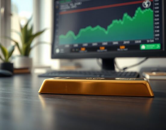 Gold bar with financial chart showing upward trend in background, representing market rally amid geopolitical developments