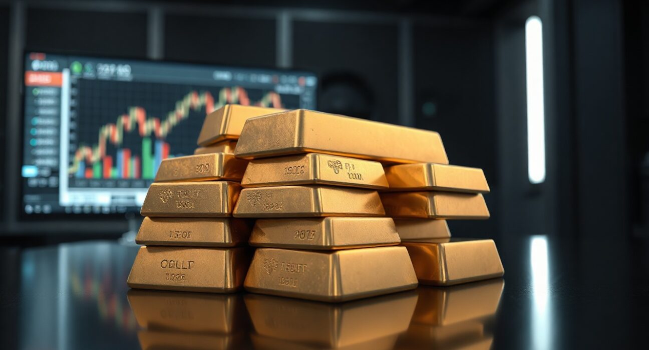 Gold bars with a blurred financial chart in the background, representing market rally.