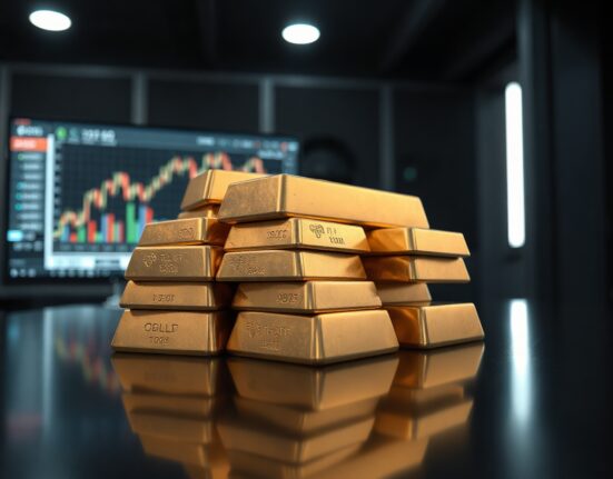 Gold bars with a blurred financial chart in the background, representing market rally.