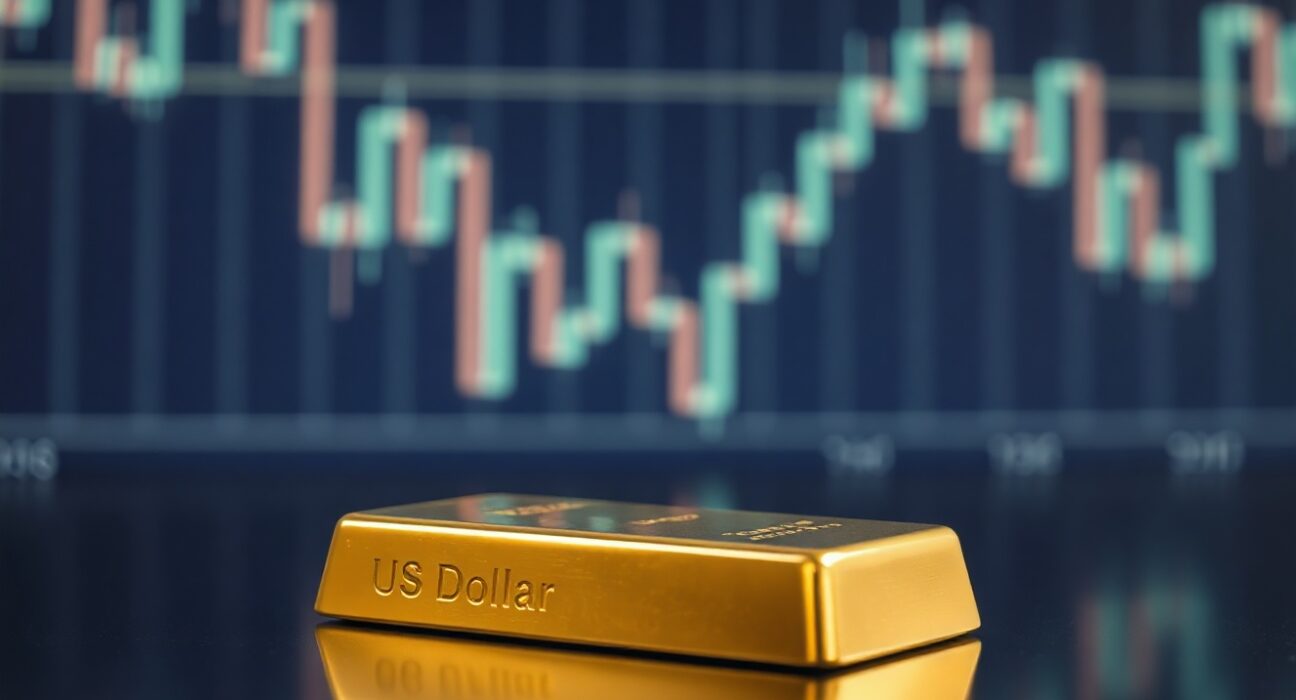 Gold bar on reflective surface with blurred financial chart showing US Dollar decline in background