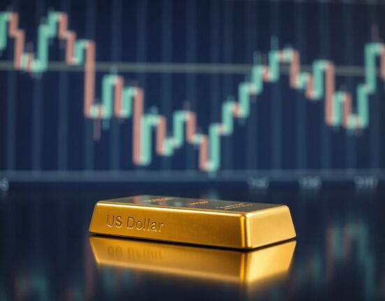Gold bar on reflective surface with blurred financial chart showing US Dollar decline in background