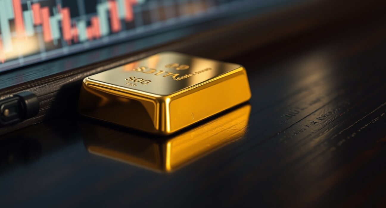 Gold bar on dark surface with faint chart reflection, representing market analysis