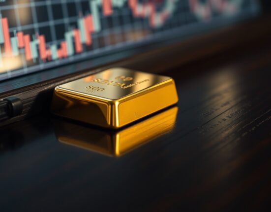 Gold bar on dark surface with faint chart reflection, representing market analysis