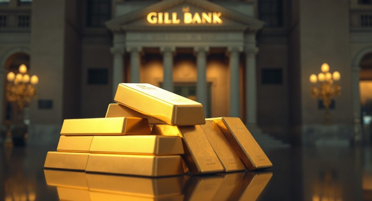 Gold bullion bars on a reflective surface, symbolizing central bank demand driving the gold price rally.
