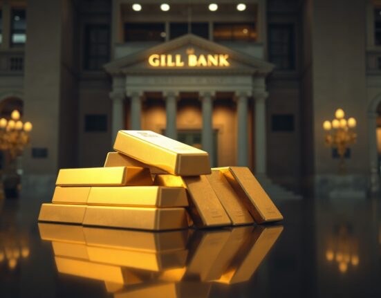 Gold bullion bars on a reflective surface, symbolizing central bank demand driving the gold price rally.