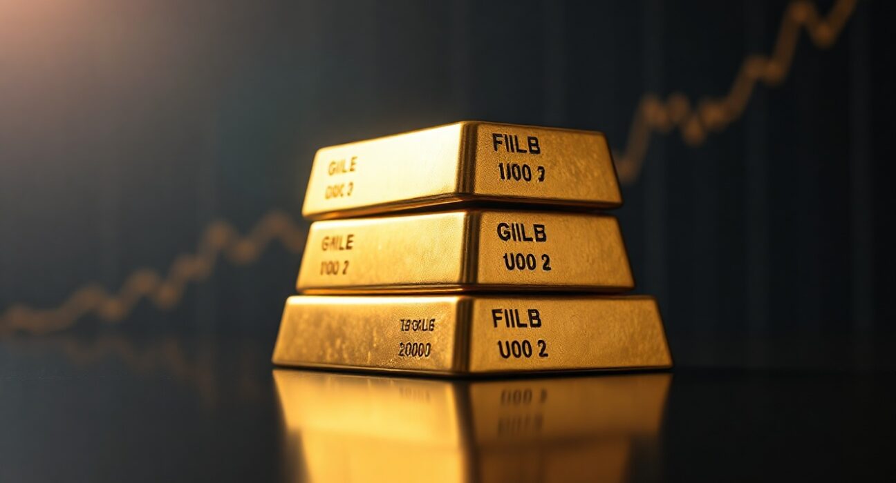 Gold bars on a reflective surface with a faint price chart in the background, symbolizing market analysis.