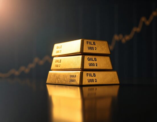 Gold bars on a reflective surface with a faint price chart in the background, symbolizing market analysis.