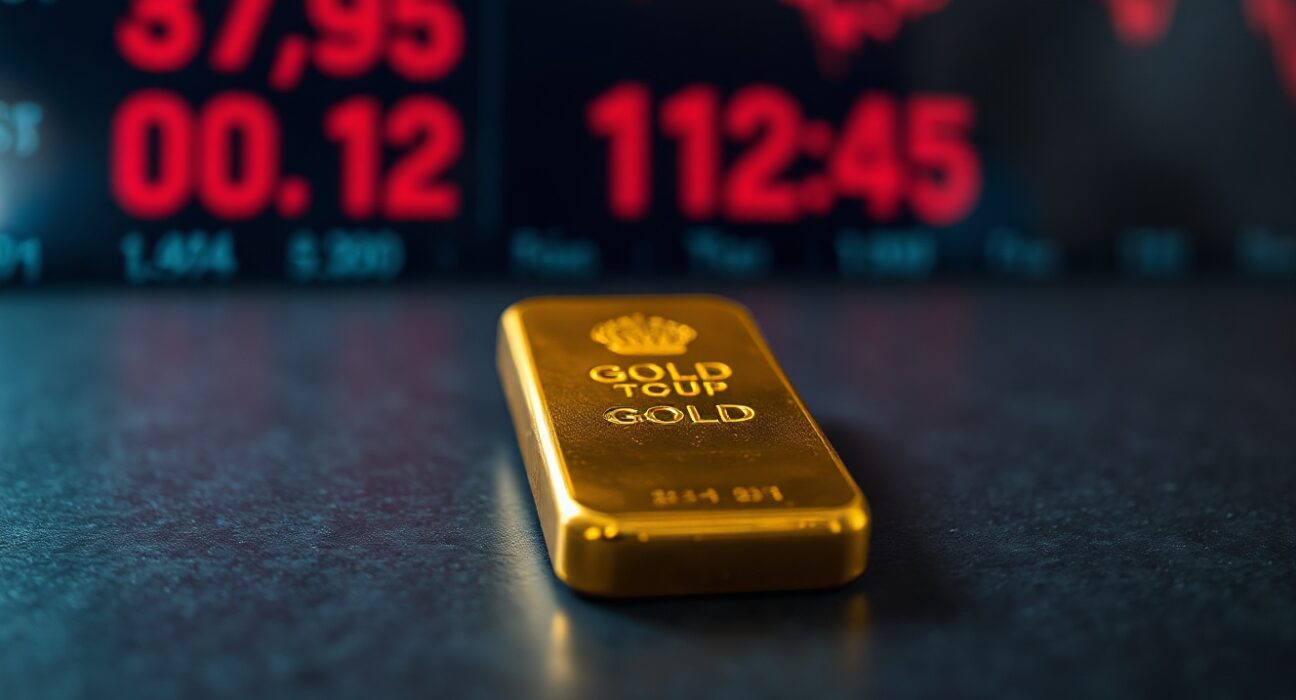 Close-up of a gold bar with a blurred financial market ticker in the background.