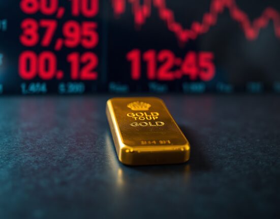 Close-up of a gold bar with a blurred financial market ticker in the background.