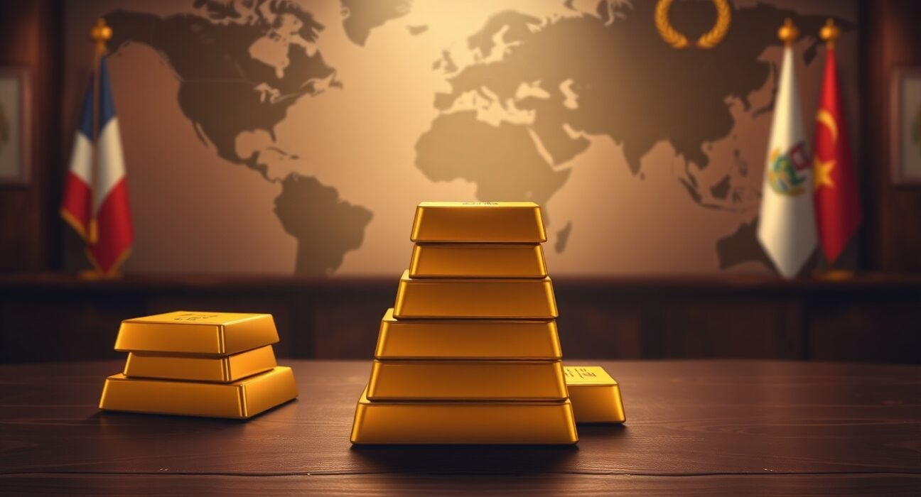 Gold bars stacked on a table symbolizing the ongoing gold rally and price surge toward $4,700 amid USD weakness.