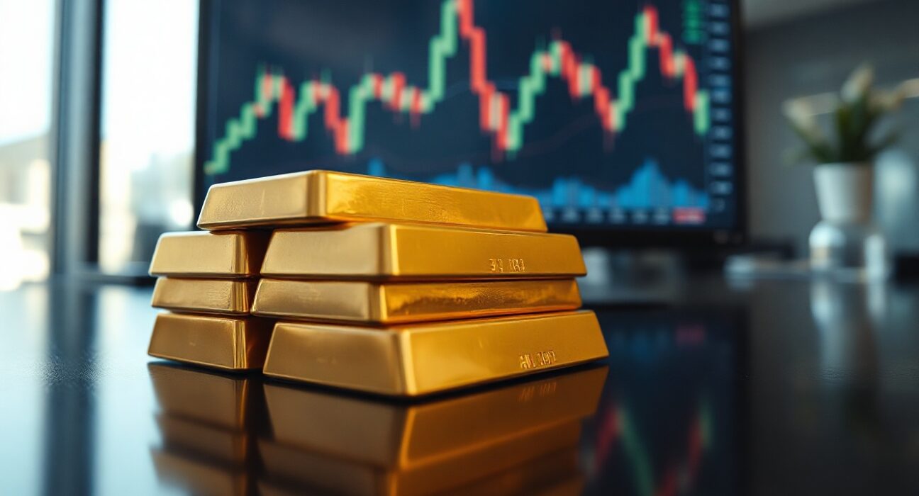 Gold bullion bars stacked on a reflective surface with a financial chart in the background.