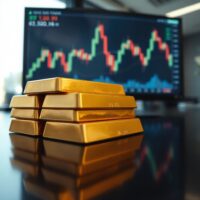 Gold bullion bars stacked on a reflective surface with a financial chart in the background.