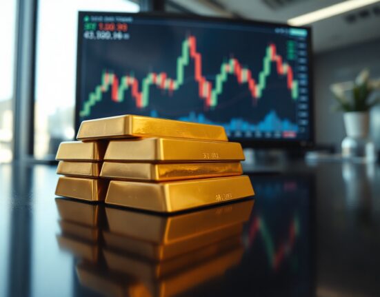 Gold bullion bars stacked on a reflective surface with a financial chart in the background.