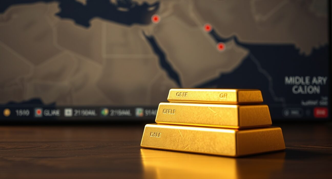 Close-up of gold bars with blurred map of Middle East in background, representing safe-haven demand amid geopolitical tensions.