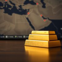Close-up of gold bars with blurred map of Middle East in background, representing safe-haven demand amid geopolitical tensions.