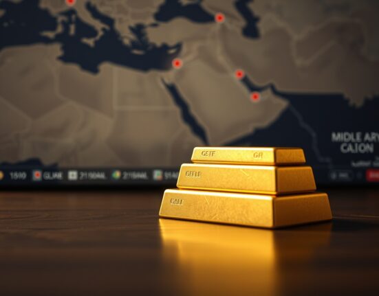 Close-up of gold bars with blurred map of Middle East in background, representing safe-haven demand amid geopolitical tensions.