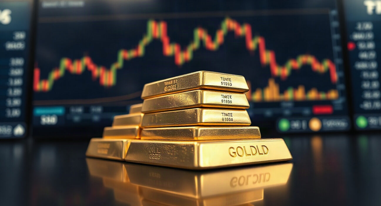 Gold bullion bars on a reflective surface with a financial chart in the background