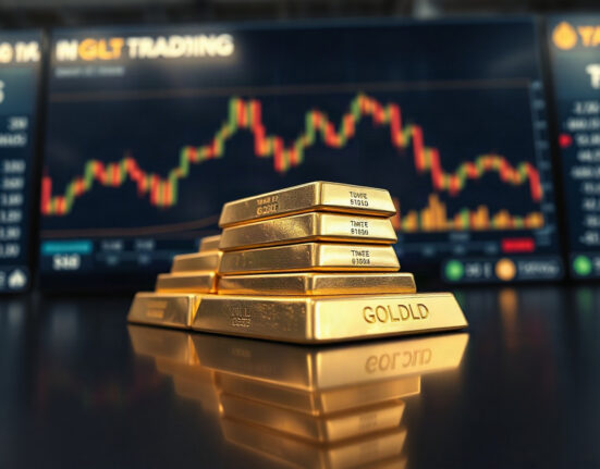 Gold bullion bars on a reflective surface with a financial chart in the background
