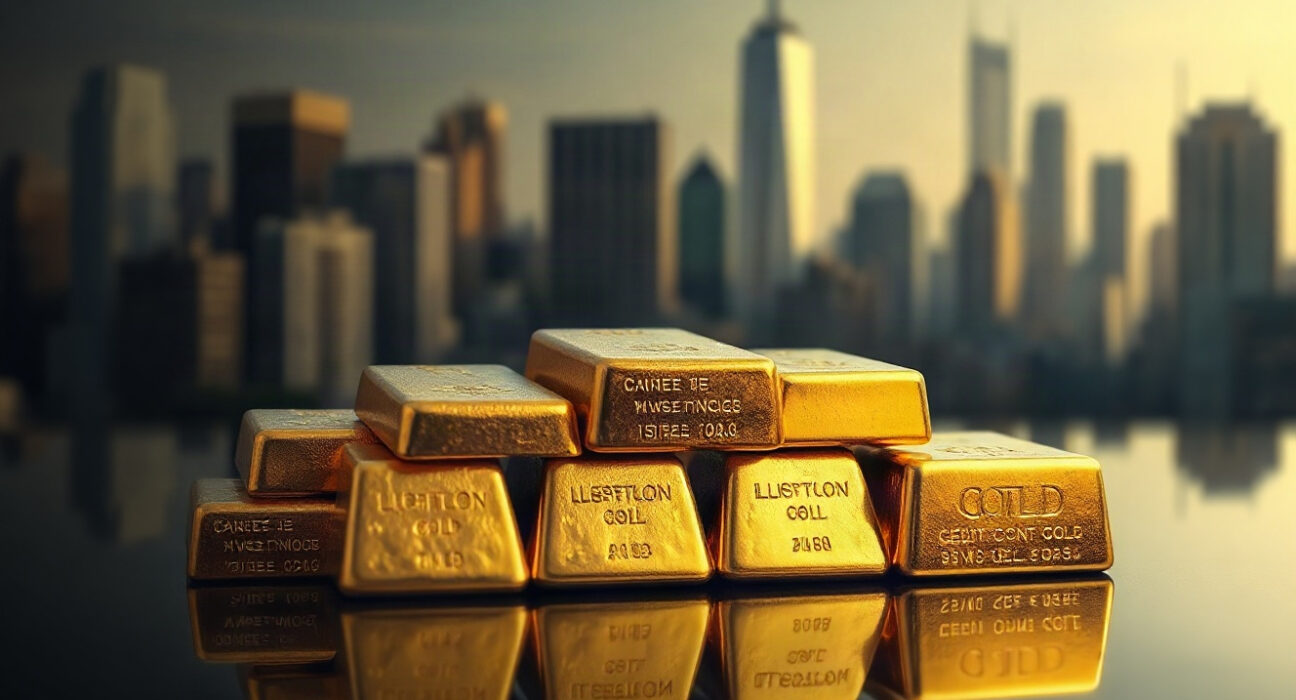Gold bullion bars reflecting light with a financial district skyline in the background