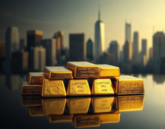 Gold bullion bars reflecting light with a financial district skyline in the background