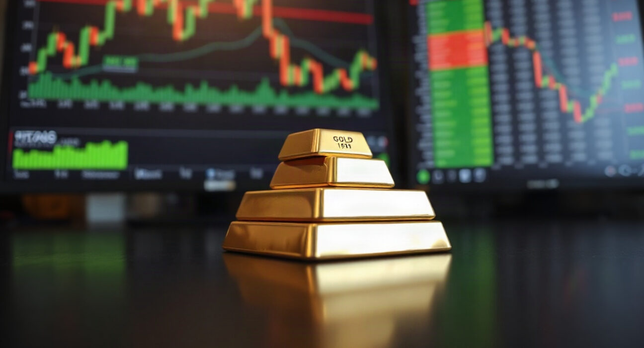 Gold bars stacked on a reflective surface, symbolizing safe-haven demand amid inflation concerns.