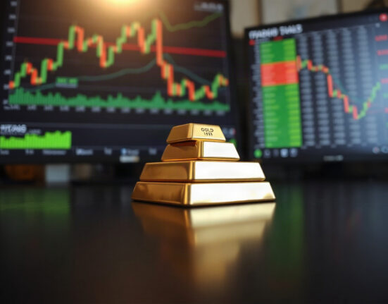 Gold bars stacked on a reflective surface, symbolizing safe-haven demand amid inflation concerns.