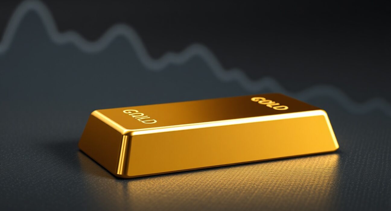 Gold bullion bar representing the market rally amid geopolitical talks and falling yields.