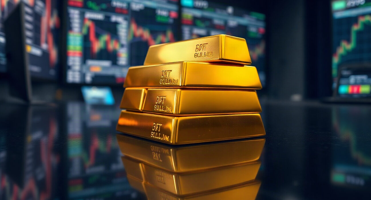 Gold bullion bars on a reflective surface, representing market stability amid Fed rate pause expectations.