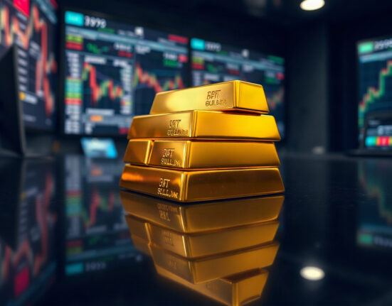 Gold bullion bars on a reflective surface, representing market stability amid Fed rate pause expectations.