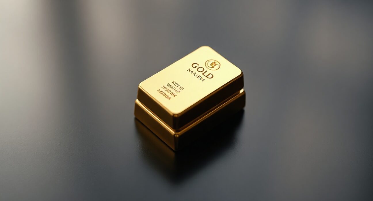 Stack of gold bullion bars on a dark reflective surface under soft lighting