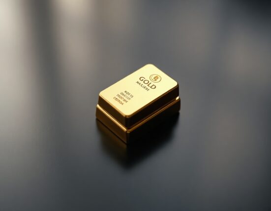 Stack of gold bullion bars on a dark reflective surface under soft lighting