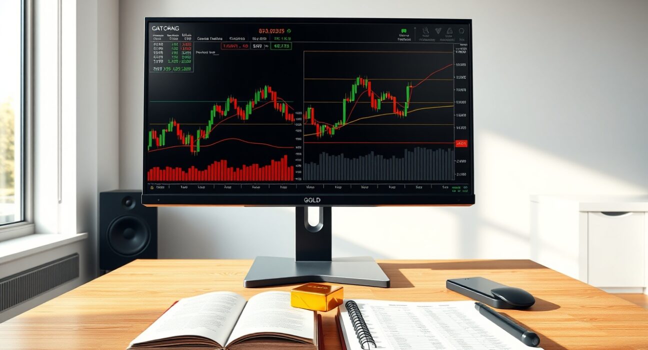 Gold price technical analysis charts on a financial analyst's desk with physical bullion, illustrating DBS market research.