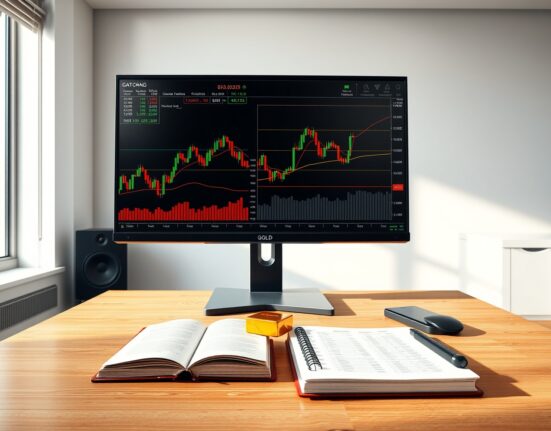 Gold price technical analysis charts on a financial analyst's desk with physical bullion, illustrating DBS market research.