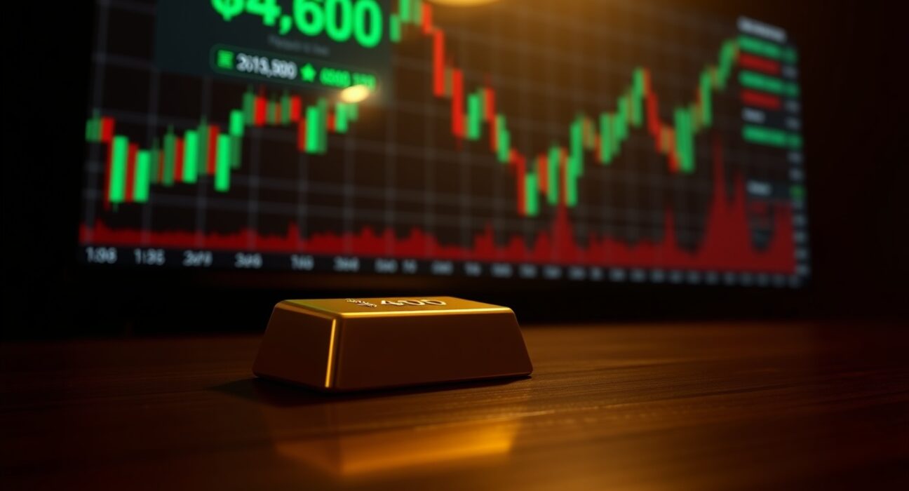 Gold bullion bar with a digital chart showing a price range near $4,600, representing the gold market awaiting the Fed rate decision.