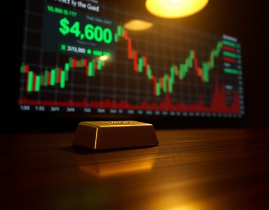 Gold bullion bar with a digital chart showing a price range near $4,600, representing the gold market awaiting the Fed rate decision.