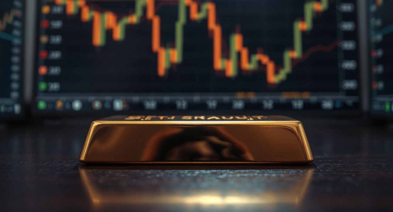 Gold bar on wooden surface with blurred financial charts in background