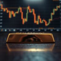 Gold bar on wooden surface with blurred financial charts in background
