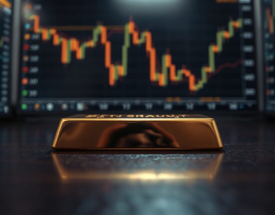 Gold bar on wooden surface with blurred financial charts in background