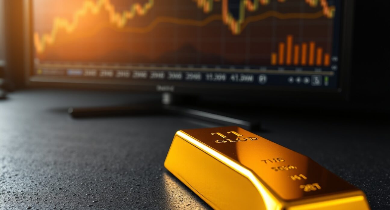 Gold bullion bar with financial chart background representing price analysis before US inflation data.