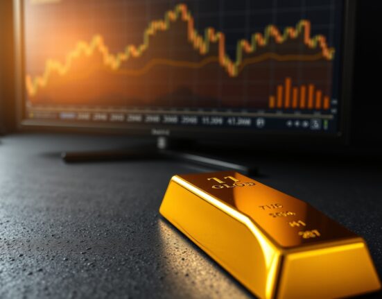 Gold bullion bar with financial chart background representing price analysis before US inflation data.