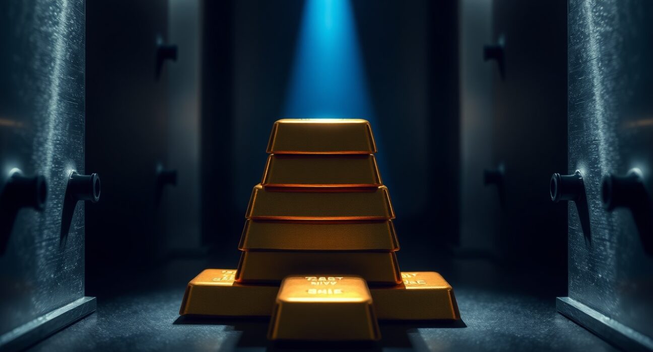 Gold bullion bars in a vault with a shadow cast by blue light, representing rate worries