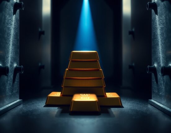 Gold bullion bars in a vault with a shadow cast by blue light, representing rate worries