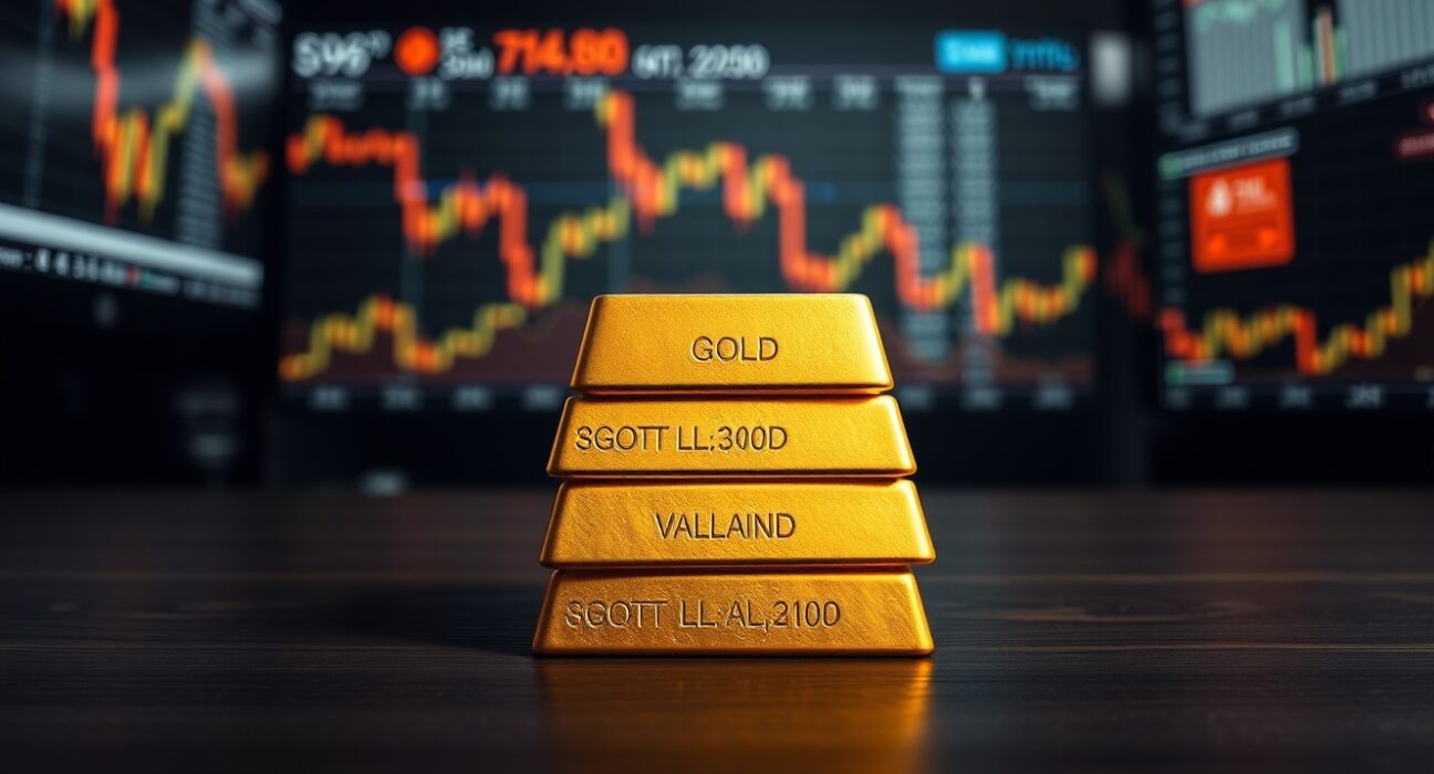 Gold bullion bars with financial charts in background showing downward pressure.