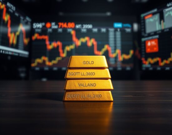 Gold bullion bars with financial charts in background showing downward pressure.