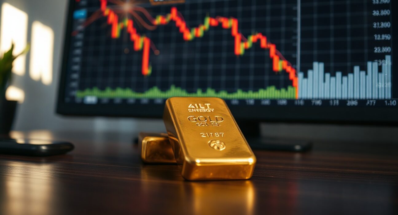 Gold bullion bar on desk with energy price chart in background