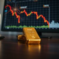 Gold bullion bar on desk with energy price chart in background