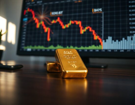 Gold bullion bar on desk with energy price chart in background