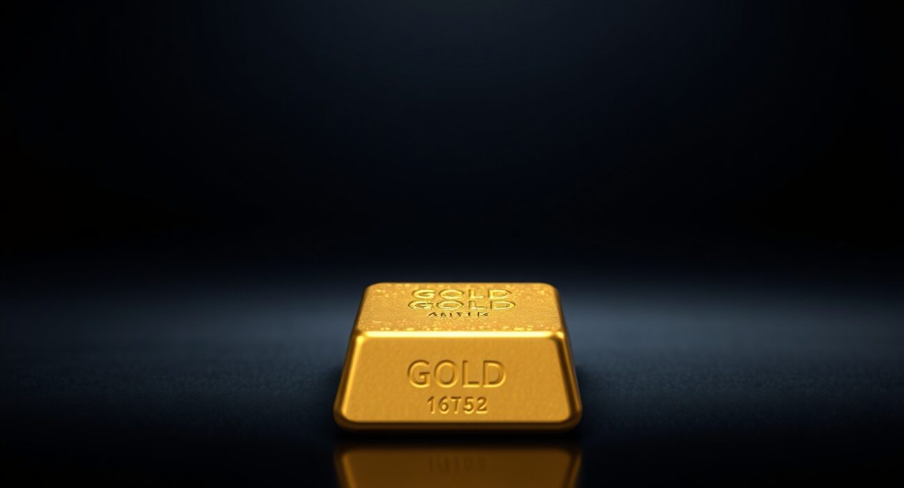 A single gold bar illuminated on a dark reflective surface, representing the precious metal's price movement and market analysis.