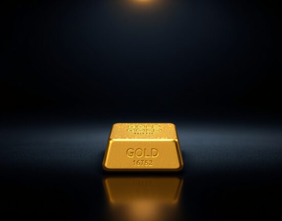 A single gold bar illuminated on a dark reflective surface, representing the precious metal's price movement and market analysis.
